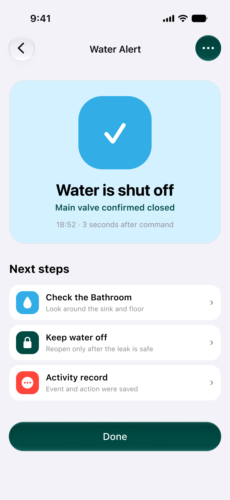 Switch App water shut-off confirmation screen